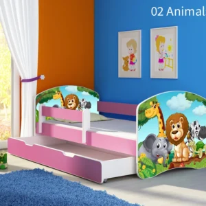 Dječji krevet ACMA s motivom, bočna roza + ladica 160x80 cm 02 Animals