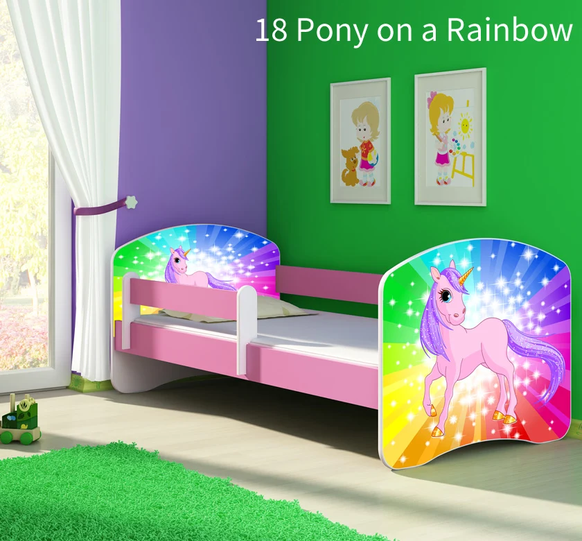 Dječji krevet ACMA s motivom, bočna roza 160x80 cm 18 Pony on rainbow