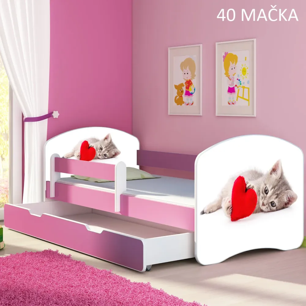 Dječji krevet ACMA s motivom, bočna roza + ladica 140x70 cm 40 Mačka