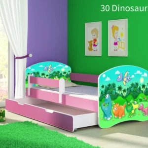 Dječji krevet ACMA s motivom, bočna roza + ladica 140x70 cm 30 Dinosaurs