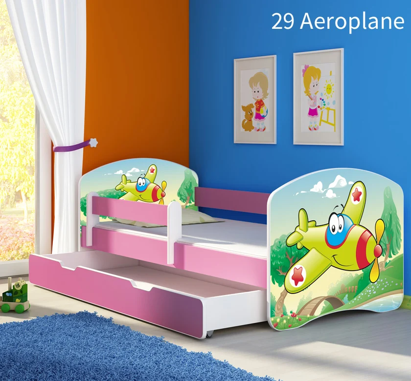Dječji krevet ACMA s motivom, bočna roza + ladica 140x70 cm 29 Aeroplane