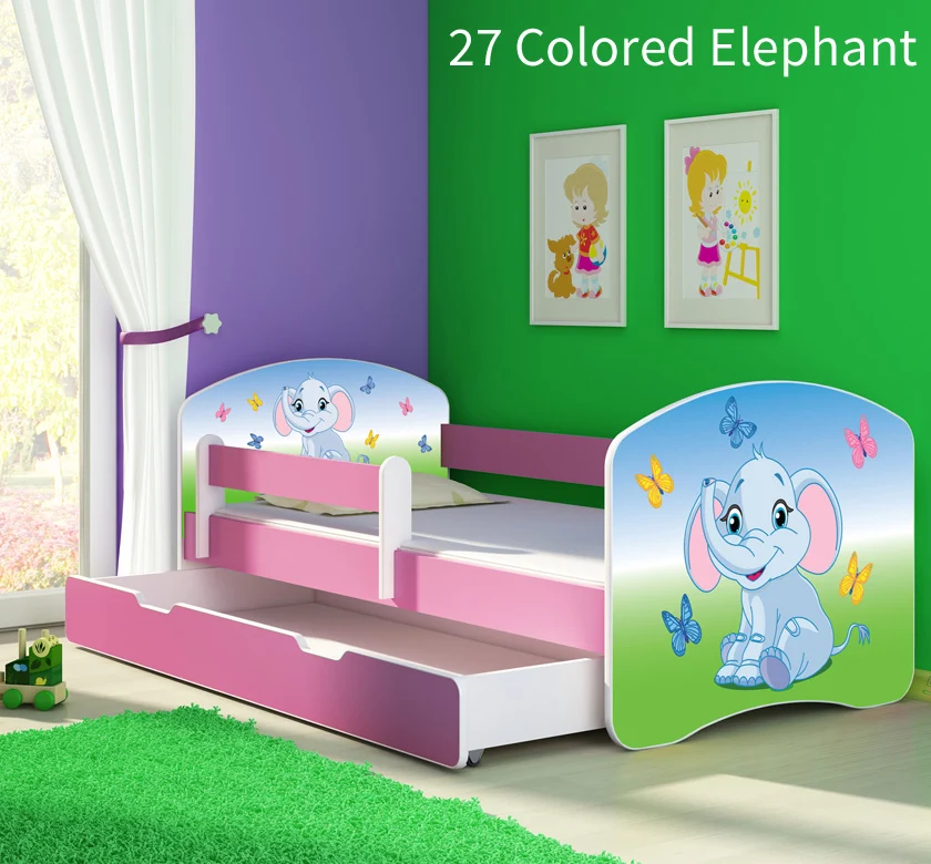 Dječji krevet ACMA s motivom, bočna roza + ladica 140x70 cm 27 Colored Elephant