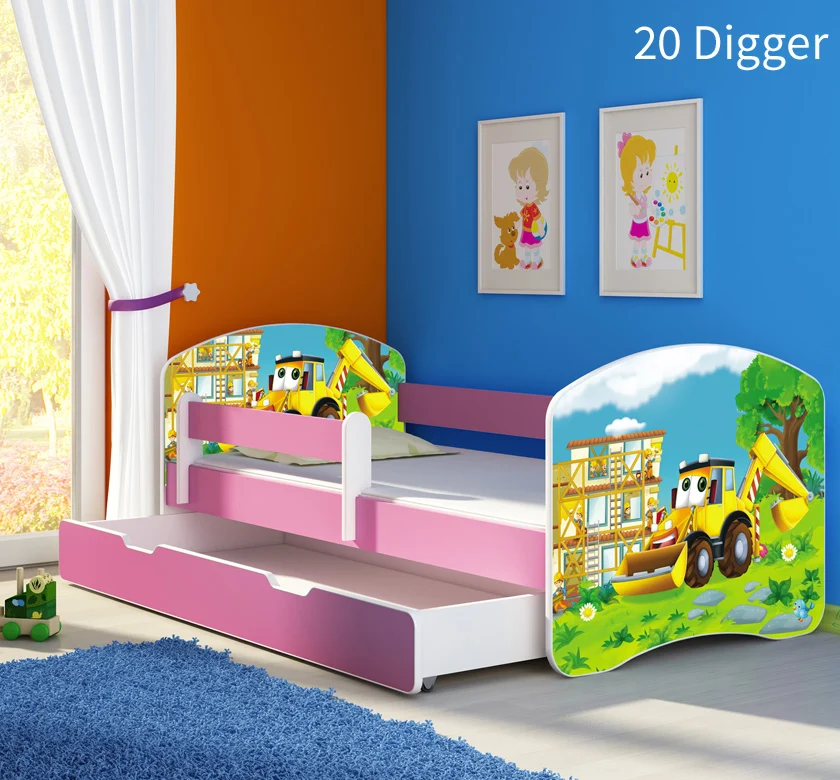 Dječji krevet ACMA s motivom, bočna roza + ladica 140x70 cm 20 Digger