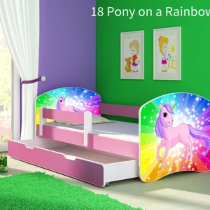 Dječji krevet ACMA s motivom, bočna roza + ladica 140x70 cm 18 Pony on rainbow