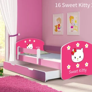 Dječji krevet ACMA s motivom, bočna roza + ladica 140x70 cm 16 Sweet Kitty 2