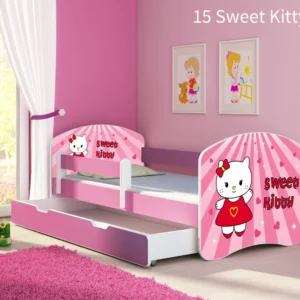 Dječji krevet ACMA s motivom, bočna roza + ladica 140x70 cm 15 Sweet Kitty