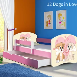 Dječji krevet ACMA s motivom, bočna roza + ladica 140x70 cm 12 Dogs Love