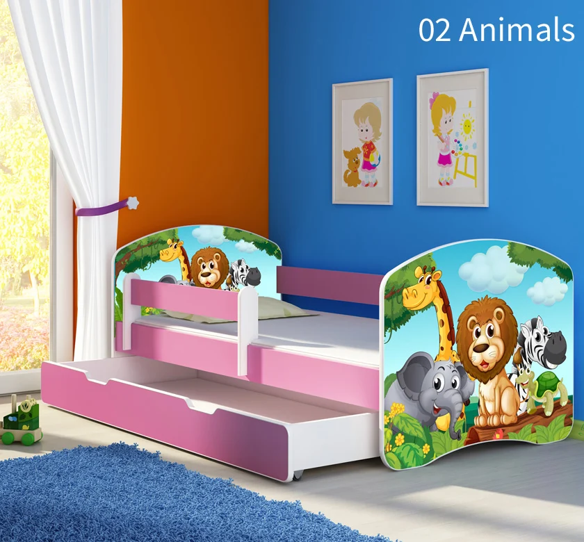 Dječji krevet ACMA s motivom, bočna roza + ladica 140x70 cm 02 Animals