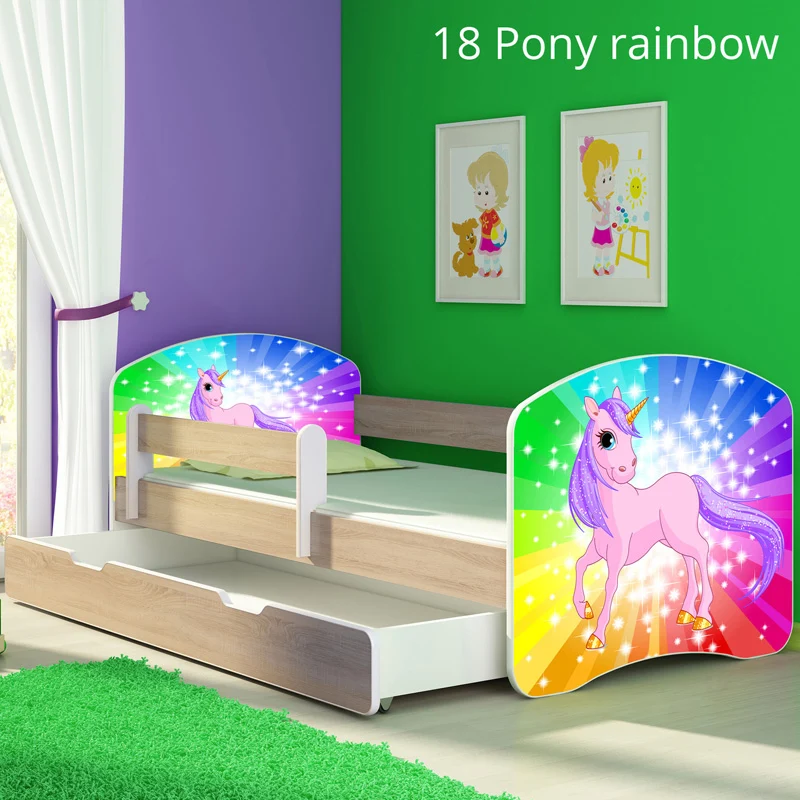 Dječji krevet ACMA s motivom, bočna sonoma + ladica 160x80 cm 18 Pony on rainbow