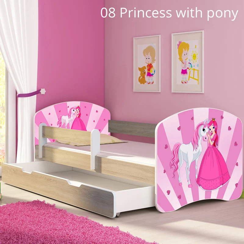 Dječji krevet ACMA s motivom, bočna sonoma + ladica 160x80 cm 08 Princess Pony