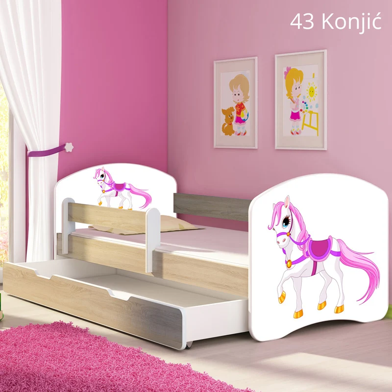 Dječji krevet ACMA s motivom, bočna sonoma + ladica 140x70 cm 43 Konjić