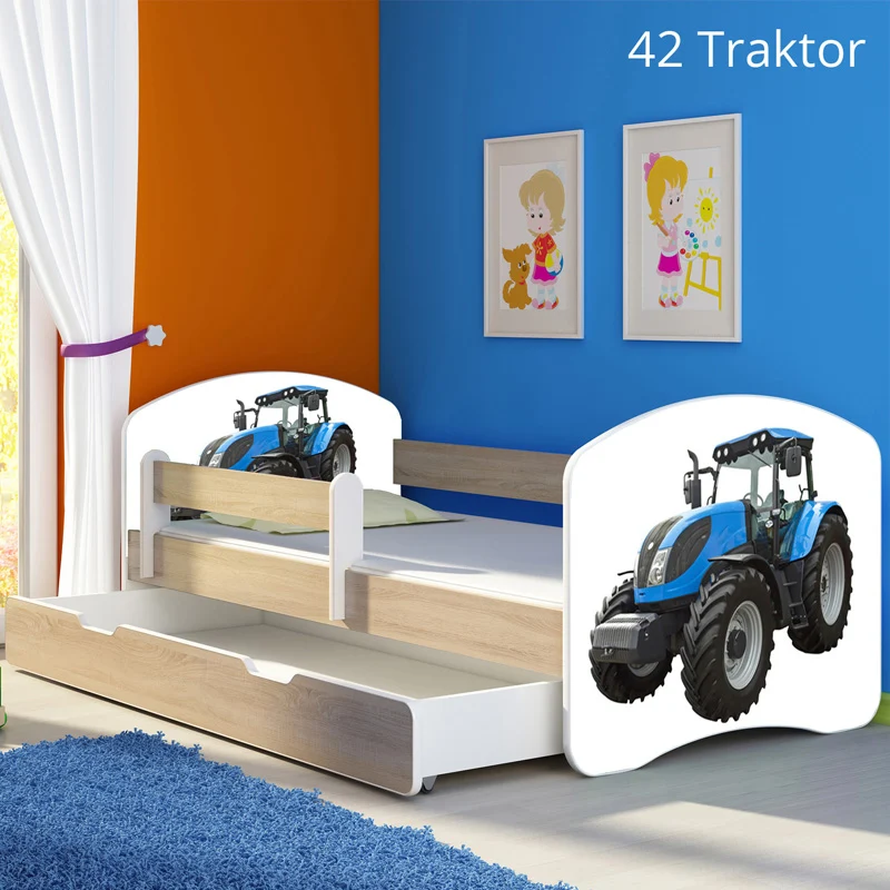 Dječji krevet ACMA s motivom, bočna sonoma + ladica 140x70 cm 42 Traktor