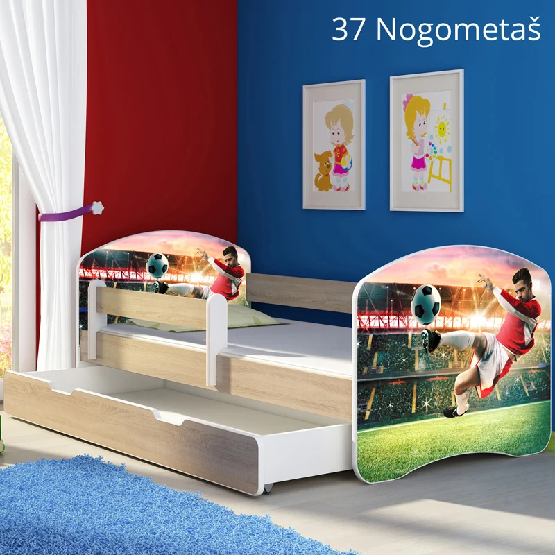 Dječji krevet ACMA s motivom, bočna sonoma + ladica 140x70 cm 37 Nogometaš