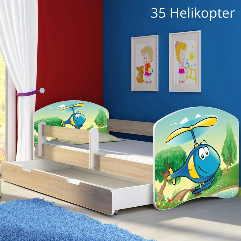 Dječji krevet ACMA s motivom, bočna sonoma + ladica 140x70 cm 35 Helikopter