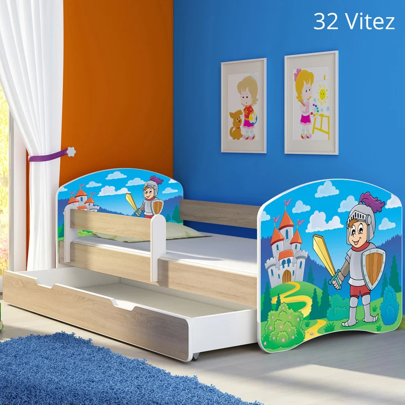 Dječji krevet ACMA s motivom, bočna sonoma + ladica 140x70 cm 32 Knight