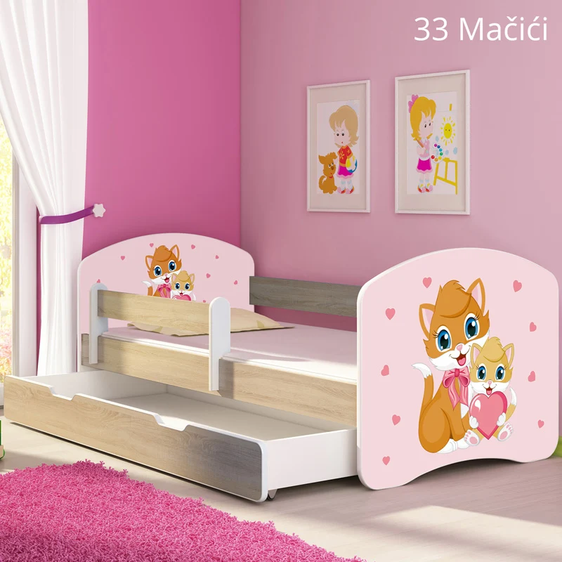 Dječji krevet ACMA s motivom, bočna sonoma + ladica 140x70 cm 33 Cats