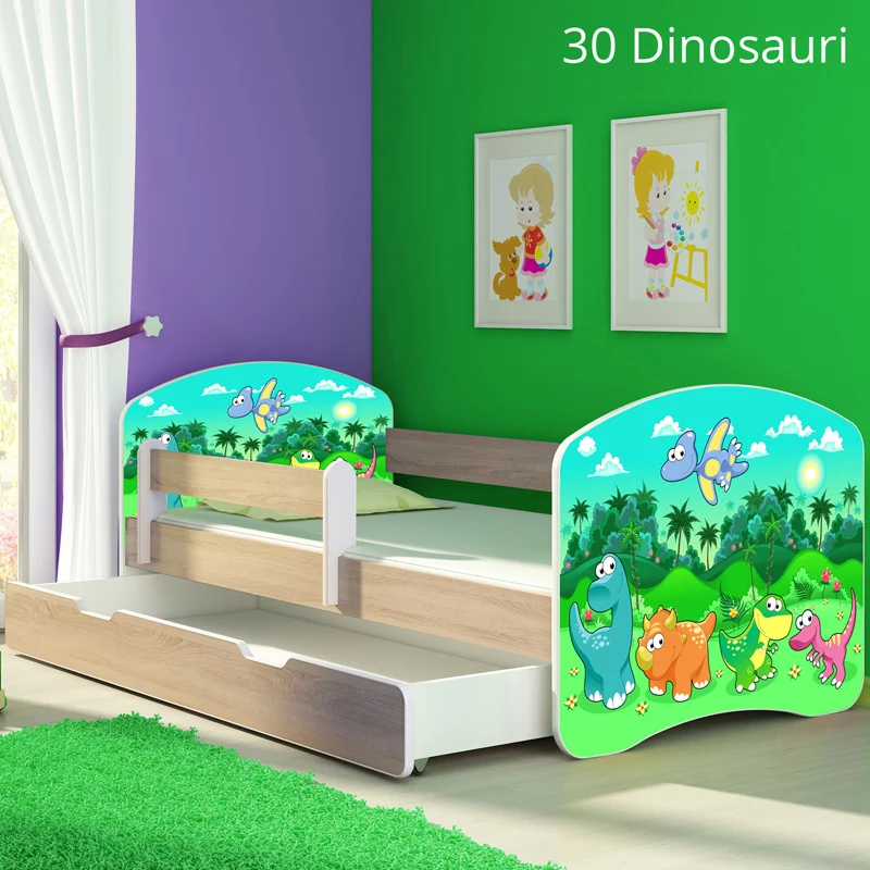 Dječji krevet ACMA s motivom, bočna sonoma + ladica 140x70 cm 30 Dinosaurs