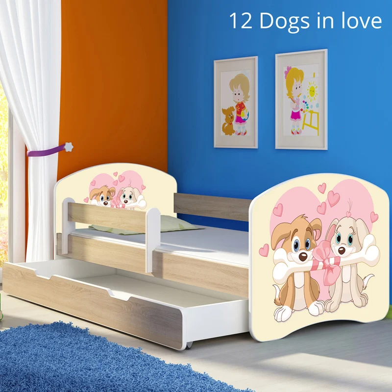 Dječji krevet ACMA s motivom, bočna sonoma + ladica 140x70 cm 12 Dogs Love