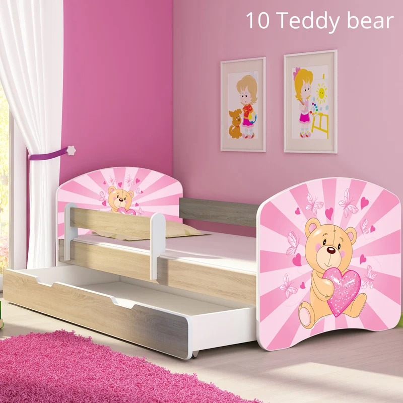 Dječji krevet ACMA s motivom, bočna sonoma + ladica 140x70 cm 10 Pink Teddy Bear