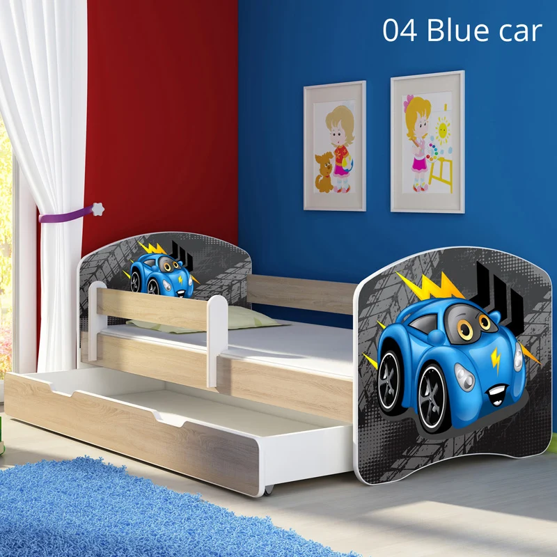 Dječji krevet ACMA s motivom, bočna sonoma + ladica 140x70 cm 04 Blue Car