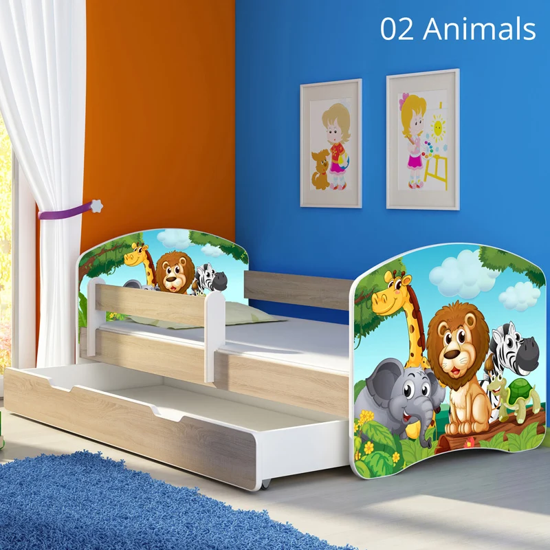 Dječji krevet ACMA s motivom, bočna sonoma + ladica 140x70 cm 02 Animals