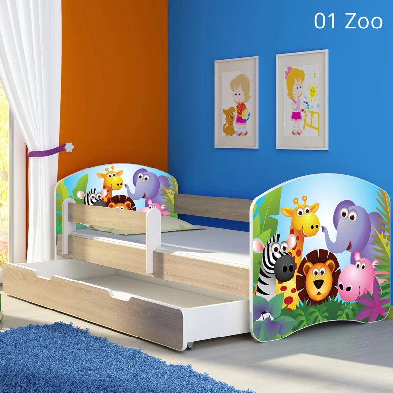 Dječji krevet ACMA s motivom, bočna sonoma + ladica 140x70 cm 01 Zoo