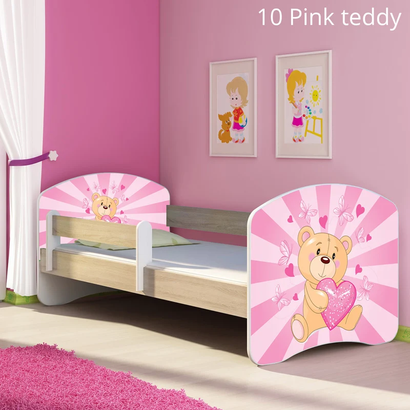Dječji krevet ACMA s motivom, bočna sonoma 140x70 cm 10 Pink Teddy Bear