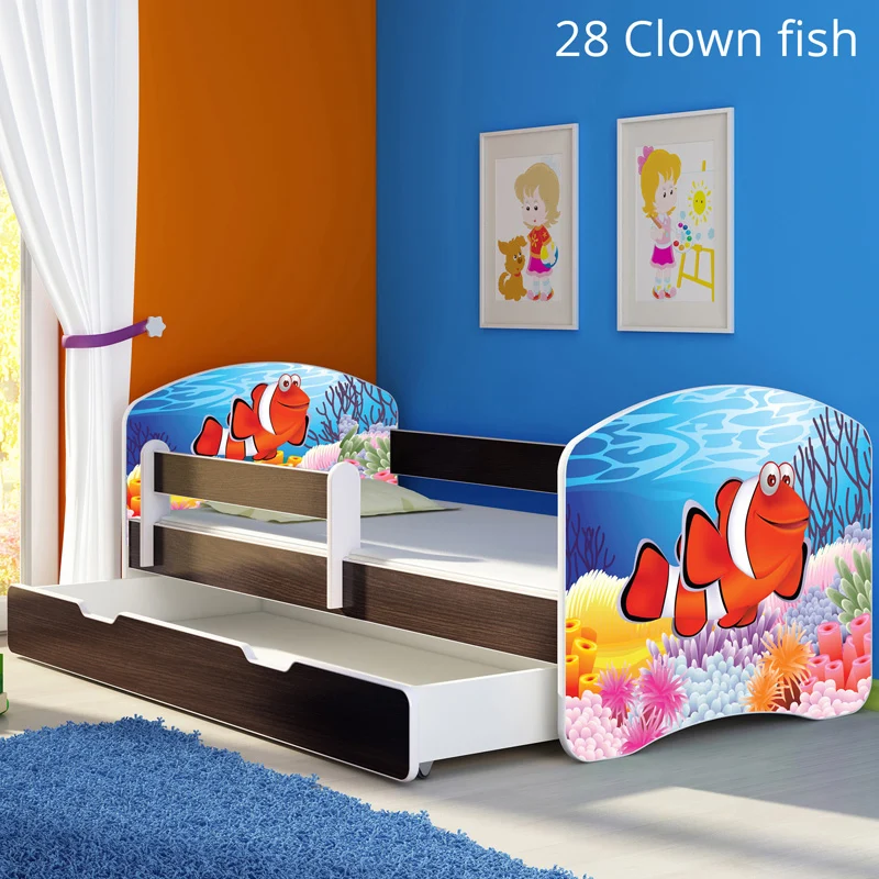 Dječji krevet ACMA s motivom, bočna wenge + ladica 160x80 cm 28 Clown Fish