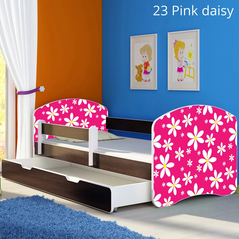 Dječji krevet ACMA s motivom, bočna wenge + ladica 160x80 cm 23 Pink Daisy