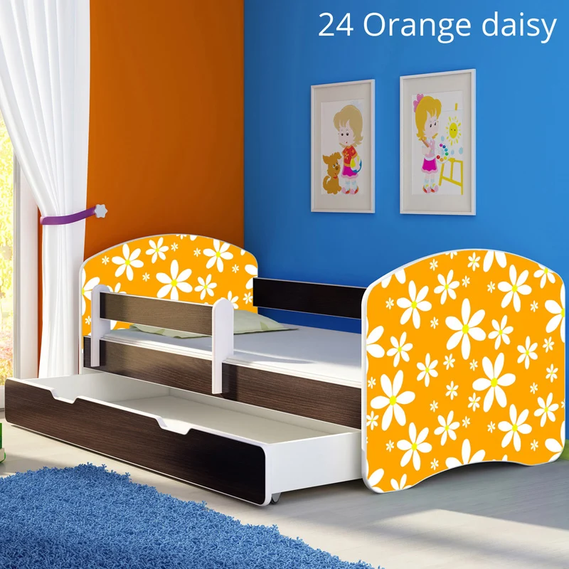 Dječji krevet ACMA s motivom, bočna wenge + ladica 180x80 cm 24 Orange Daisy