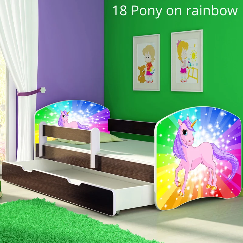 Dječji krevet ACMA s motivom, bočna wenge + ladica 180x80 cm 18 Pony on rainbow