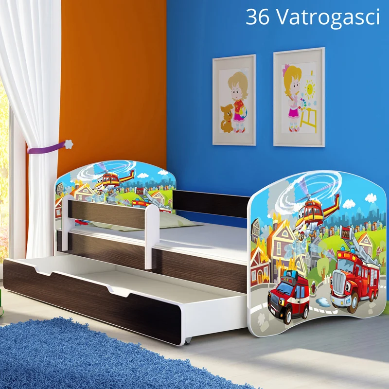 Dječji krevet ACMA s motivom, bočna wenge + ladica 140x70 cm 36 Vatrogasci