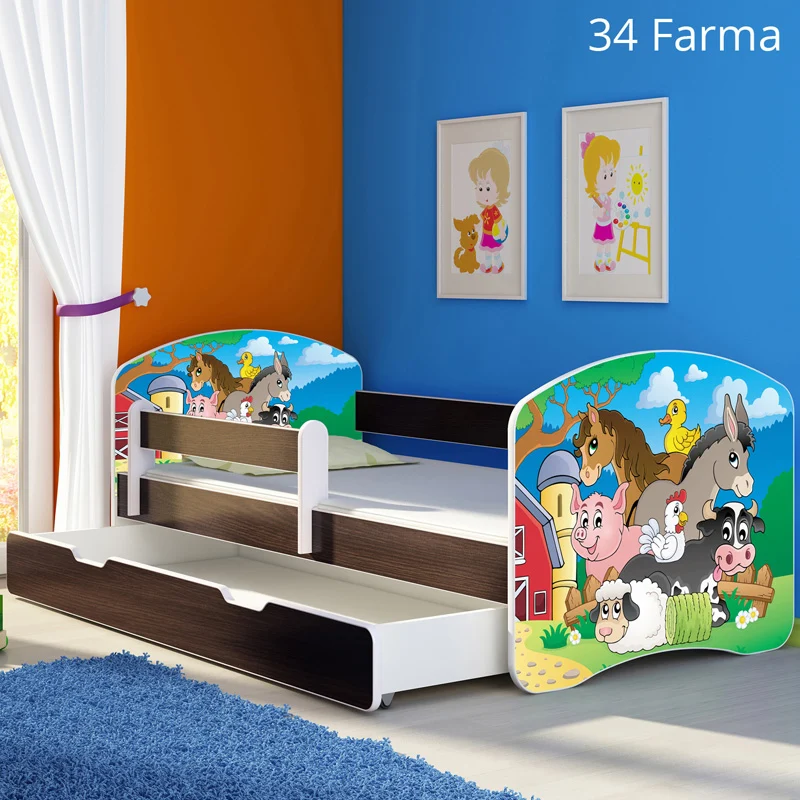 Dječji krevet ACMA s motivom, bočna wenge + ladica 140x70 cm 34 Farm