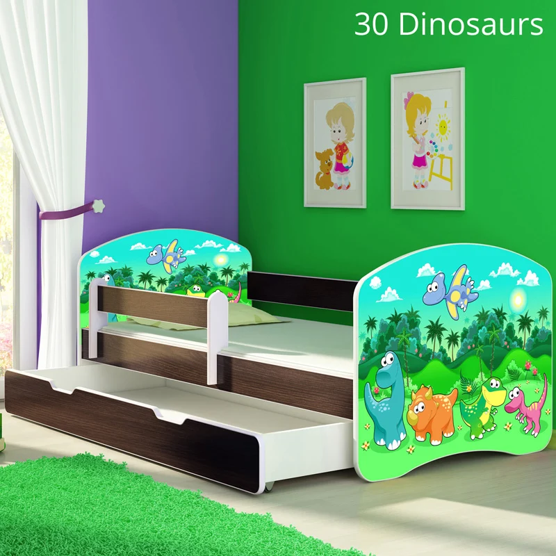 Dječji krevet ACMA s motivom, bočna wenge + ladica 140x70 cm 30 Dinosaurs