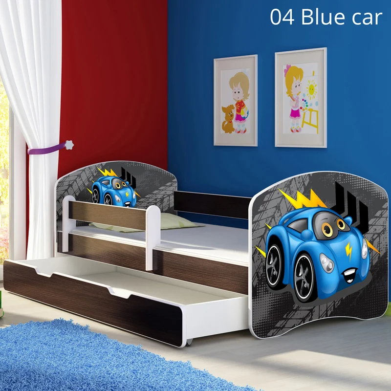 Dječji krevet ACMA s motivom, bočna wenge + ladica 140x70 cm 04 Blue Car