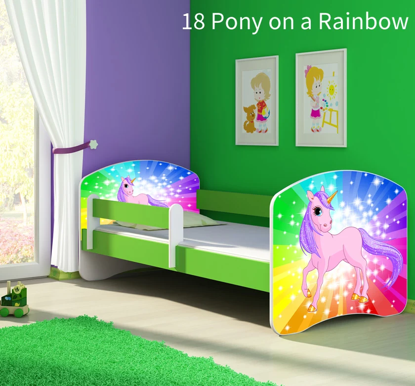 Dječji krevet ACMA s motivom, bočna zelena 140x70 cm 18 Pony on rainbow