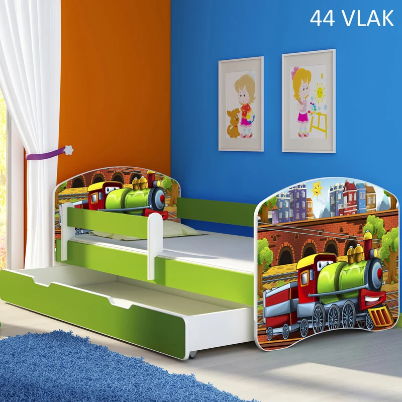 Dječji krevet ACMA s motivom, bočna zelena + ladica 180x80 cm 44 Vlak