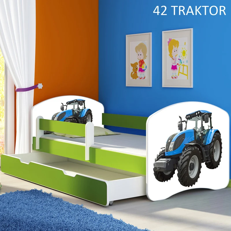 Dječji krevet ACMA s motivom, bočna zelena + ladica 180x80 cm 42 Traktor