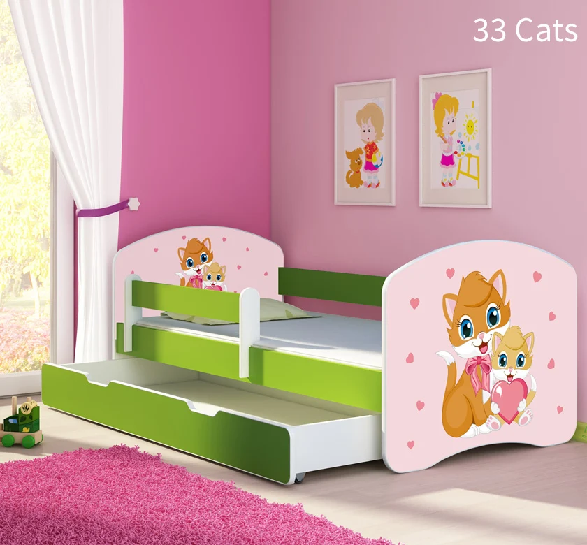 Dječji krevet ACMA s motivom, bočna zelena + ladica 180x80 cm 33 Cats