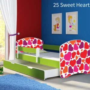 Dječji krevet ACMA s motivom, bočna zelena + ladica 180x80 cm 25 Sweet hearts