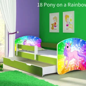 Dječji krevet ACMA s motivom, bočna zelena + ladica 180x80 cm 18 Pony on rainbow
