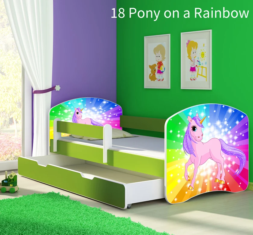 Dječji krevet ACMA s motivom, bočna zelena + ladica 180x80 cm 18 Pony on rainbow