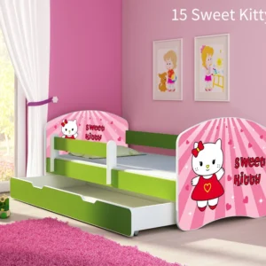 Dječji krevet ACMA s motivom, bočna zelena + ladica 180x80 cm 15 Sweet Kitty