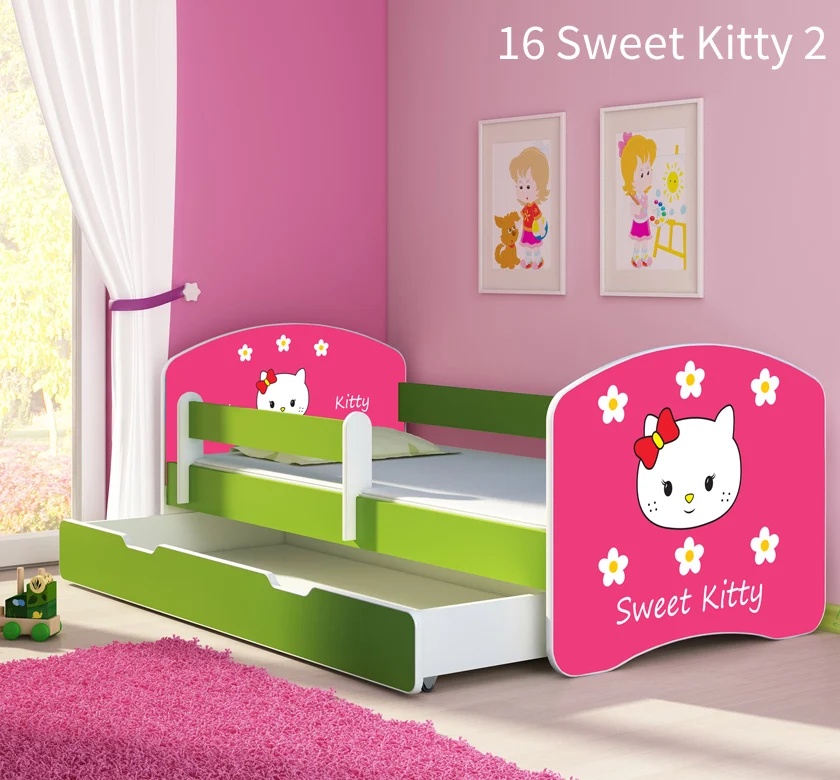 Dječji krevet ACMA s motivom, bočna zelena + ladica 180x80 cm 16 Sweet Kitty 2