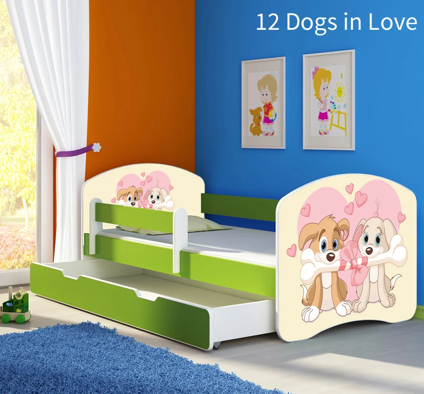 Dječji krevet ACMA s motivom, bočna zelena + ladica 180x80 cm 12 Dogs Love