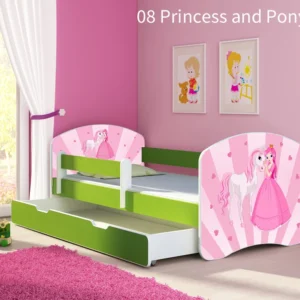 Dječji krevet ACMA s motivom, bočna zelena + ladica 180x80 cm 08 Princess Pony