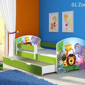 Dječji krevet ACMA s motivom, bočna zelena + ladica 180x80 cm 01 Zoo