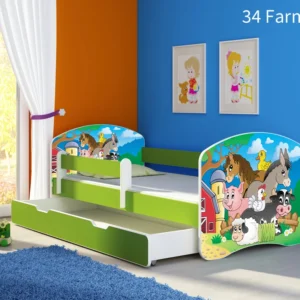 Dječji krevet ACMA s motivom, bočna zelena + ladica 160x80 cm 34 Farm