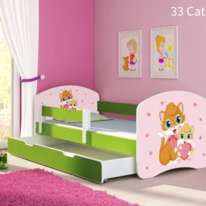 Dječji krevet ACMA s motivom, bočna zelena + ladica 160x80 cm 33 Cats