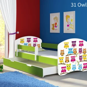 Dječji krevet ACMA s motivom, bočna zelena + ladica 160x80 cm 31 Owls